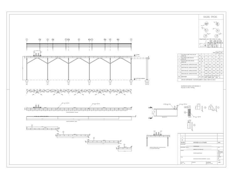 Desenho técnico de estrutura metálica com planta, cortes, soldas típicas e lista de componentes.