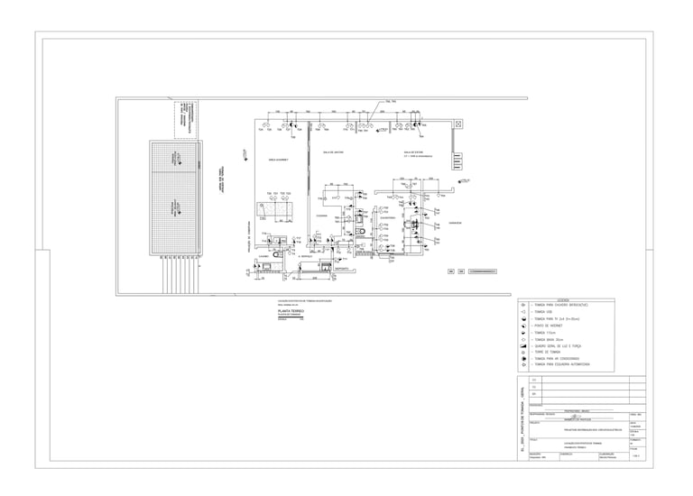 Planta elétrica do térreo com pontos de energia, internet, iluminação e especificações.