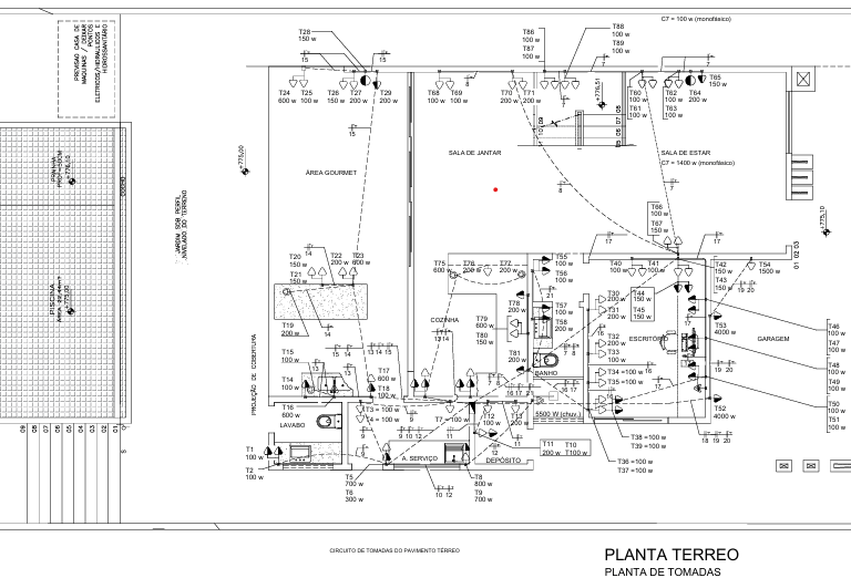 Distribuição de tomadas e cargas nos ambientes do pavimento térreo em planta elétrica.