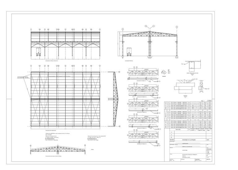 Estrutura metálica treliçada: vistas lateral, frontal e superior, detalhes de montagem e materiais.