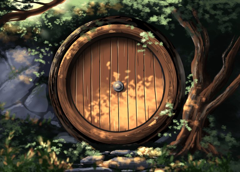 A hobbit door with dappled sunlight