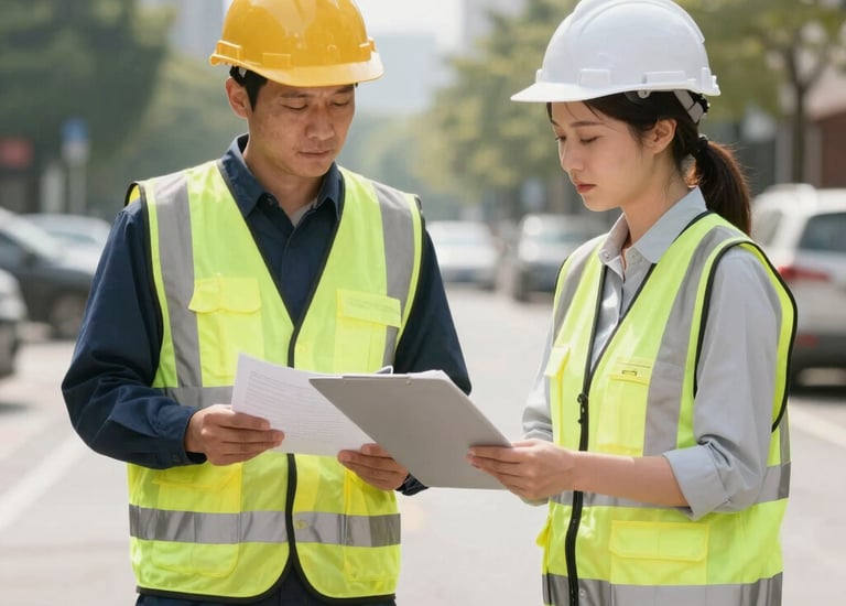 A construction site featuring extensive scaffolding with a bright green and orange barrier labeled 'Poort 4'. Two construction workers, one in overalls and the other wearing a helmet, sit on concrete blocks behind a fence. A blue truck is partially visible in the background.