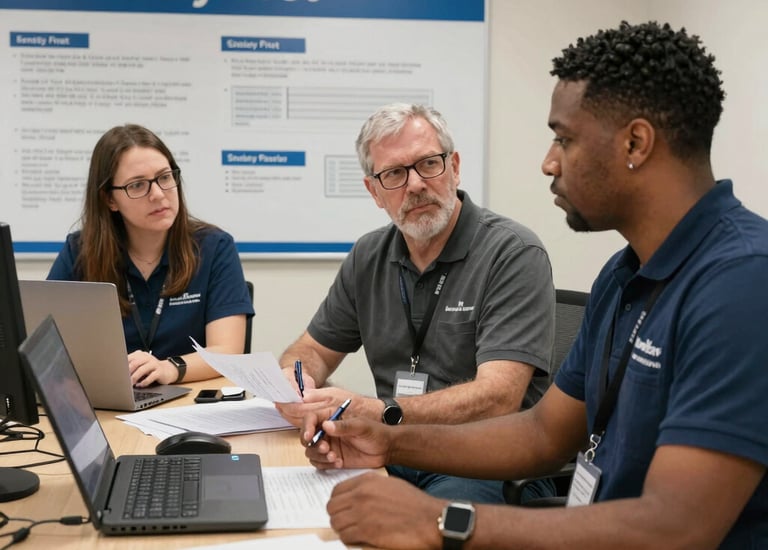 A chain-link fence with two signs attached stands along a sidewalk. The left sign features a red circular logo with text indicating a construction safety team. The right sign displays the name and information of a general contractor. Behind the fence, there is a grassy area with bushes and trees, and an industrial area with buildings in the background under a clear blue sky.