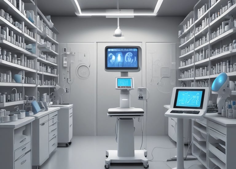 A shelf filled with various bottles of medication, each labeled with different drug names and dosages. The labels are primarily white with some colorful accents. The bottles vary in size and shape, typical of a pharmacy or medical supply setting.