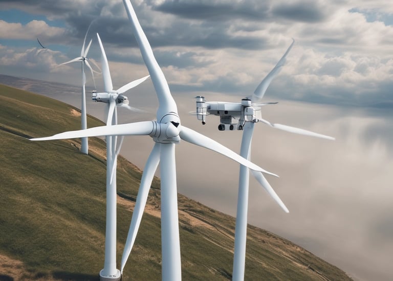 Drone hovering near a wind turbine blade for detailed inspection.