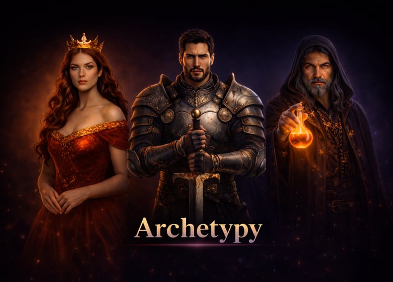 Fantasy character archetypes featuring a queen, knight in armor, and a wizard holding a glowing potion.
