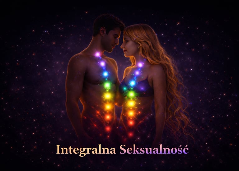 A man and woman embracing with glowing colorful chakras on a cosmic background for Integralna Seksualność.
