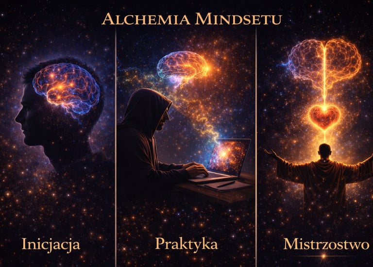 Digital art depicting the alchemy of mindset through initiation, practice, and mastery with glowing brains and a heart.