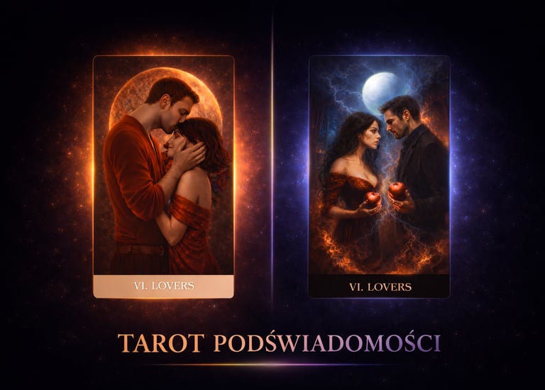Two artistic The Lovers tarot cards from Tarot Podświadomości featuring romantic couples under the sun and moon.