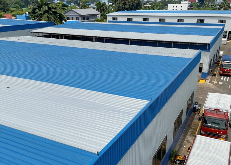 A panoramic view of a completed industrial roofing project at dusk.