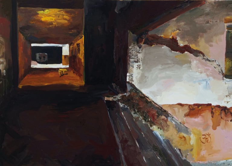 a painting of a room with a window and a window