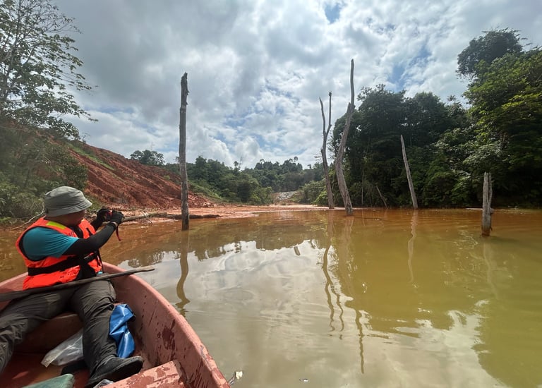 Fish survey conducted by NATURETECH team in a sedimentation pond for biodiversity assessment.