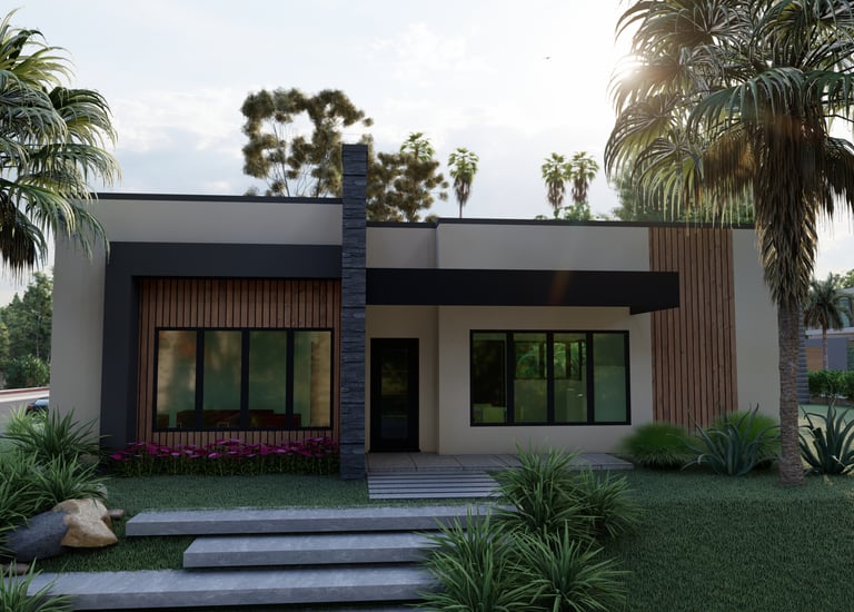 Moderna casa tipo bungalow de lujo con revestimiento de madera, techo plano y jardines tropicales co