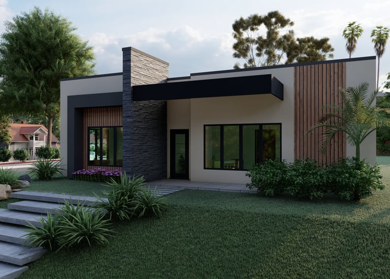 Moderna casa tipo bungalow de lujo con revestimiento de madera, techo plano y jardines tropicales co
