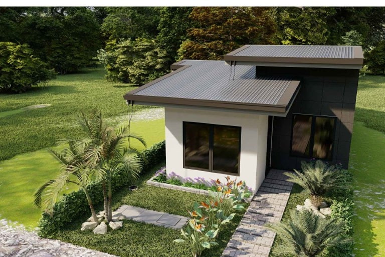 Diseño de casa pequeña moderna con techo plano, revestimiento exterior blanco y oscuro y paisajismo 