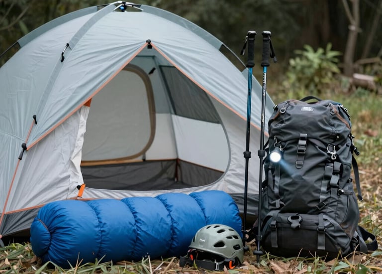 A camouflaged hat is placed atop a light gray tent in a wooded area with a river visible in the background. The scene conveys a sense of outdoor adventure and camping.