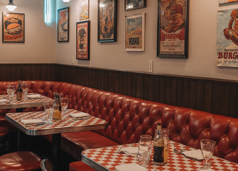 a restaurant with a checkered table and chairs