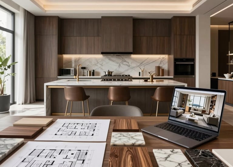 A sleek, modern bespoke kitchen with a large island and integrated lighting.