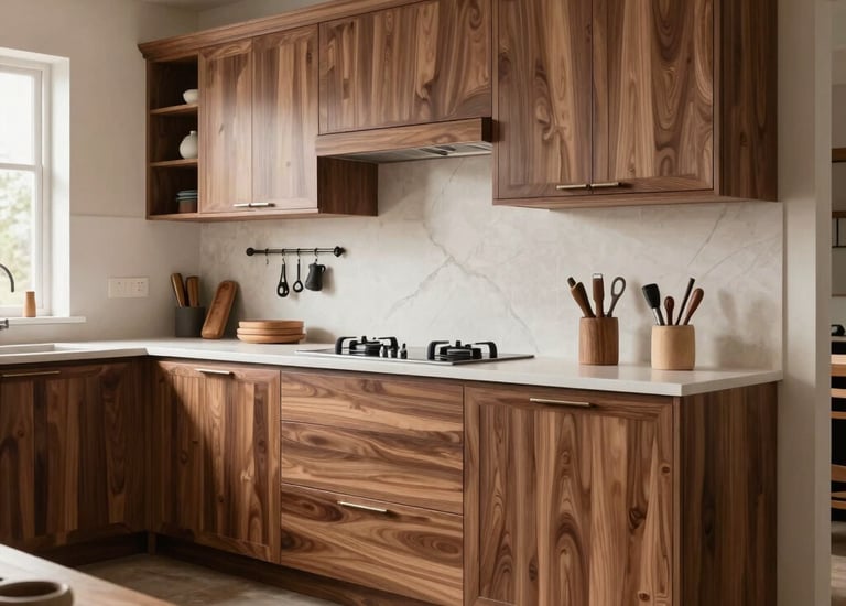 Premium stone worktop with integrated sink and subtle metallic accents.