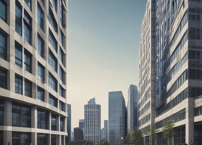 A expansive road stretches into the distance alongside a series of utility poles and lush green trees under a vibrant blue sky with scattered white clouds. A brick-red building featuring multiple satellite dishes and lamps stands in the foreground.