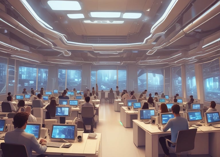 A group of people are seated in a modern classroom or lecture hall setting. Most are using laptops, indicating a possible workshop or educational session. The room has a tiered seating arrangement with a white interior and large windows at the back. There are projectors mounted on the ceiling.