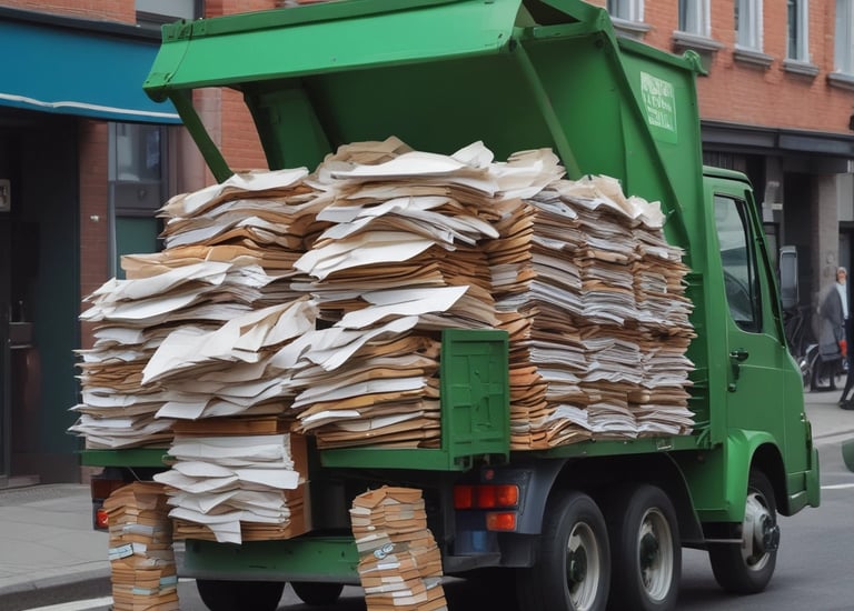 A large container is filled with various types of cans and bottles, mostly metal, which appear to be recyclable waste. It is placed on the back of a truck, positioned on a grey concrete surface.