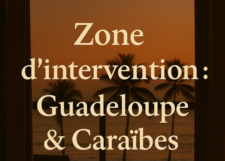 Coucher de soleil caribéen avec palmiers évoquant la zone d’intervention d’Hospitalium : Guadeloupe et Caraïbes.