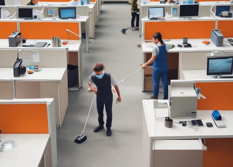 A tiled floor with visible dirt and cleaning solution being cleaned by a circular floor cleaning machine. The tiles are light brown with noticeable dirt in the grout lines. The cleaning machine has a blue and black circular head connected to a metal handle and hose.