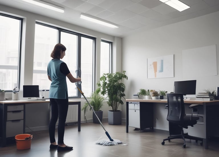 Two window cleaners are suspended by ropes, working on cleaning the glass windows of a tall building. Each cleaner is equipped with tools and a bucket, skillfully moving along the facade with safety harnesses. The building features reflective blue-tinted glass panels, creating a striking geometric pattern.