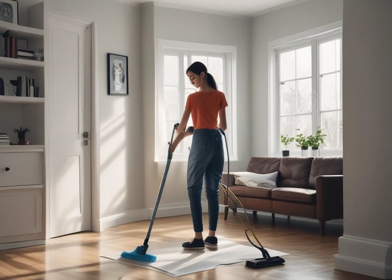 A person wearing bright orange work clothes is cleaning indoors, holding a mop. They have a fanny pack and are walking toward a tiled wall.