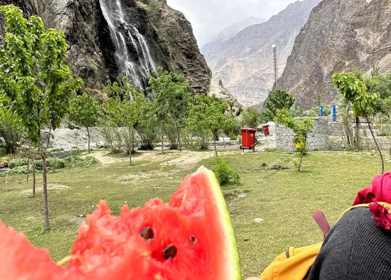 watermellon infront of Manthoka waterfall Skardu