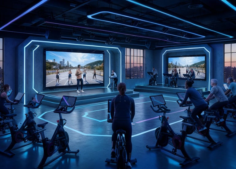 fitness studio with a group of people riding stationary bikes
