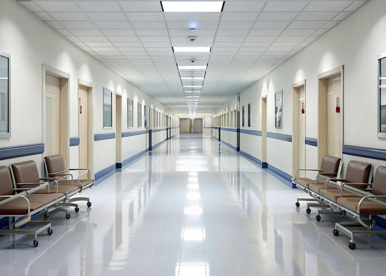 a hospital hallway with a row of chairs and a bench