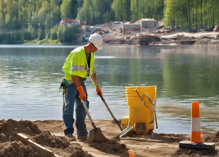 a man in a yellow safety vest and green gloves unloads a garbage bag