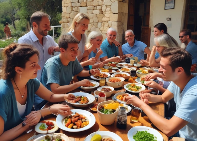 a group of people sitting at a table with plates of food