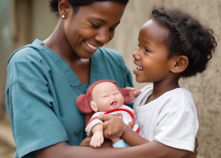 A group of children is gathered in an open area with an expansive blue sky above them. The children are dressed in various layers of clothing, suggesting cooler weather. Behind them, there are low, makeshift mud-brick structures, indicating a rural or underdeveloped setting. Some children are standing, while others are seated on the ground, possibly engaged in an activity.