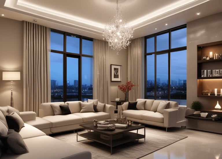 A hand holding a smartphone displaying a grid of colorful application icons. The room features modern decor with a grey curtain, a door, and a cushioned stool with a multi-colored cover. A smartwatch is worn on the wrist holding the phone, and a soft light illuminates the space.