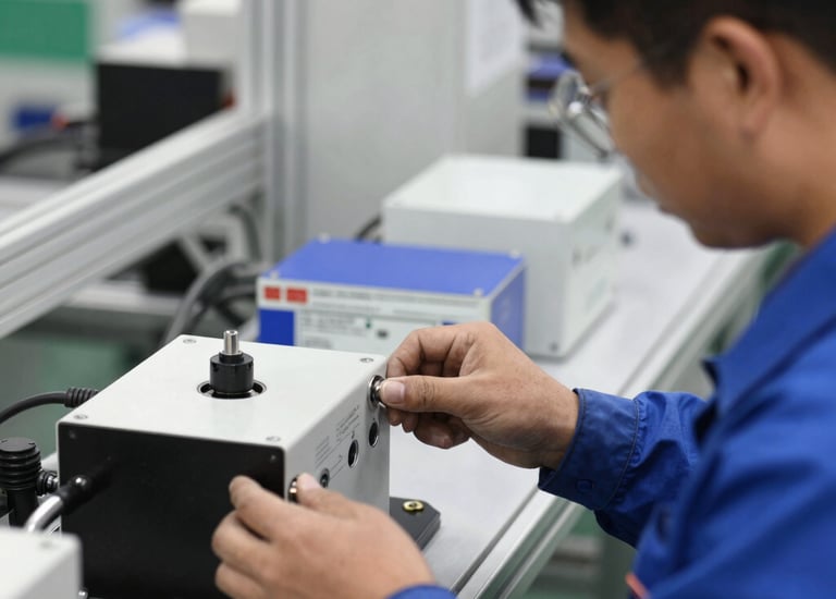 Close-up of IT networking hardware being tested by a technician.
