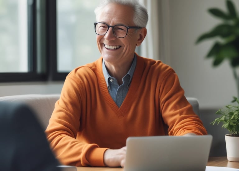 A confident smile on a man sitting at an office table with laptop