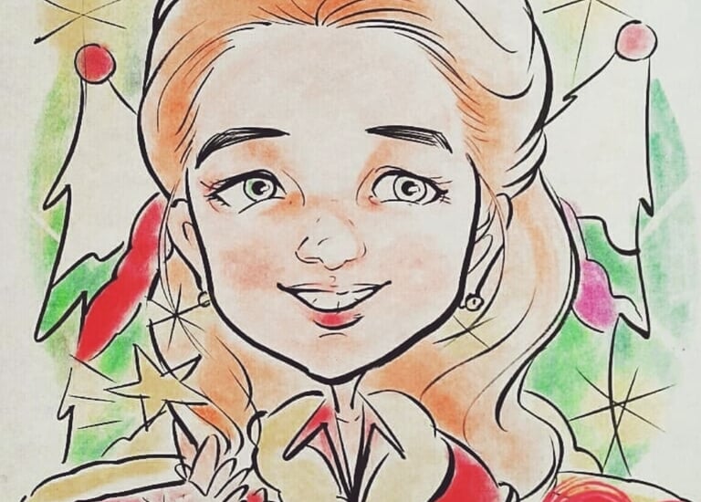 Caricature drawing of a girl in christmas costume