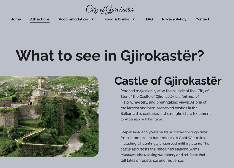 a website page with a picture of a castle