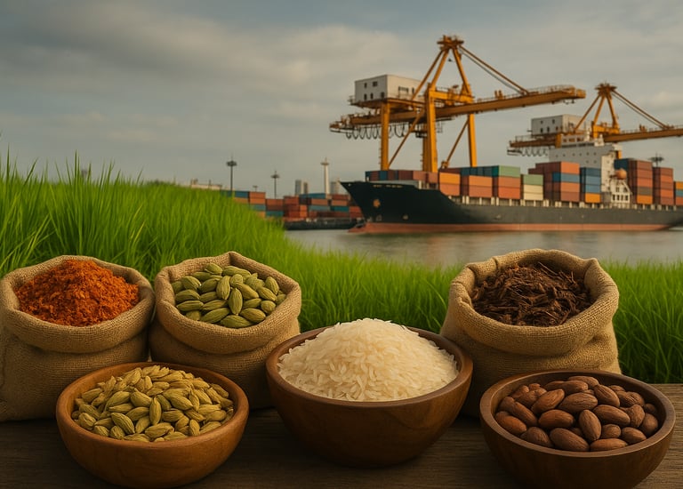 Cargo containers being loaded at an Asian port, representing global shipping and export logistics for agro raw materials.