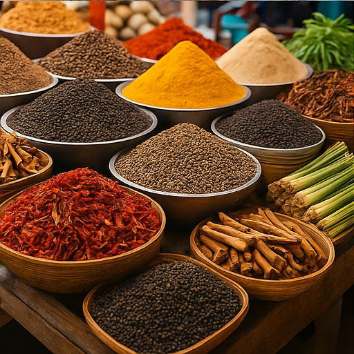 Colorful spices like turmeric, black pepper, and star anise in rustic bowls on a trade display.