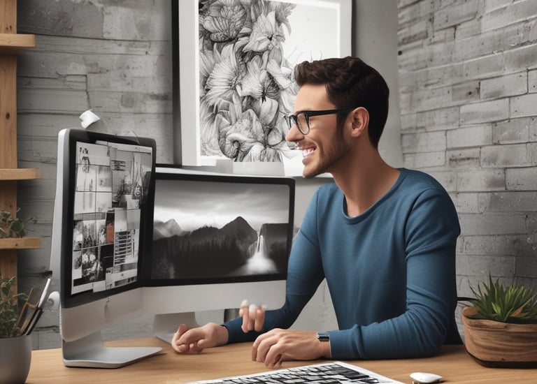 Large, three-dimensional letters spelling out the word 'STUDIO' are positioned against a modern architectural structure. The letters are bold and cast shadows due to a light source from the side, and the overall color scheme is monochrome.