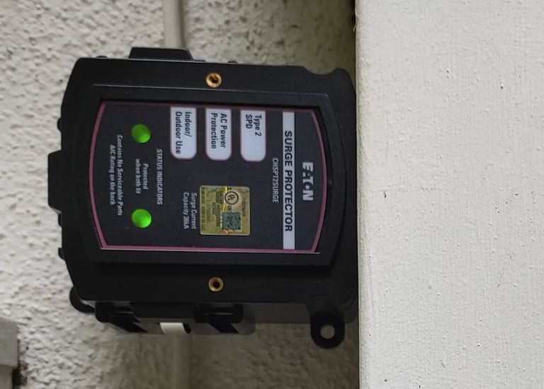 Eaton Type 2 SPD whole home surge protector with green status indicator lights mounted on an exterior wall.