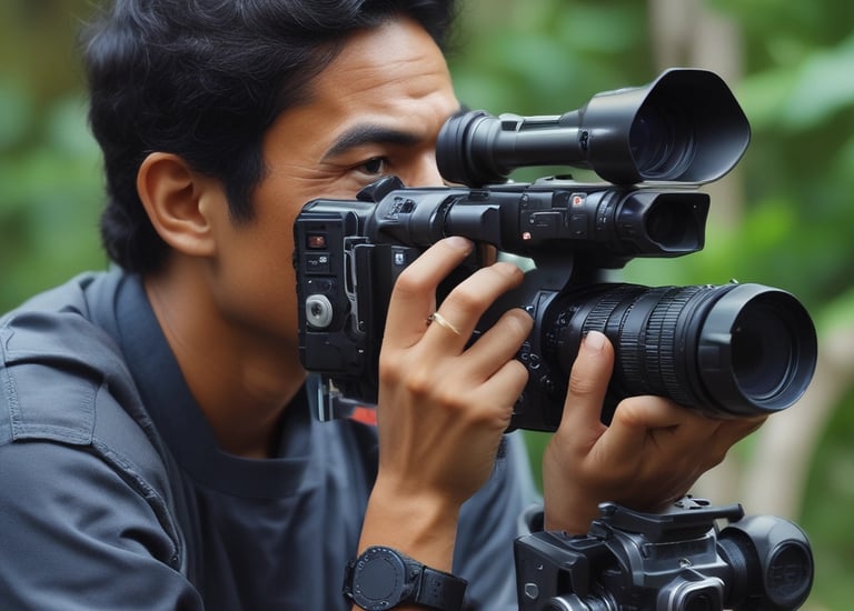 A person in a cap operating a professional video camera outdoors, surrounded by trees and foliage. The scene suggests filming or video production in a natural setting.