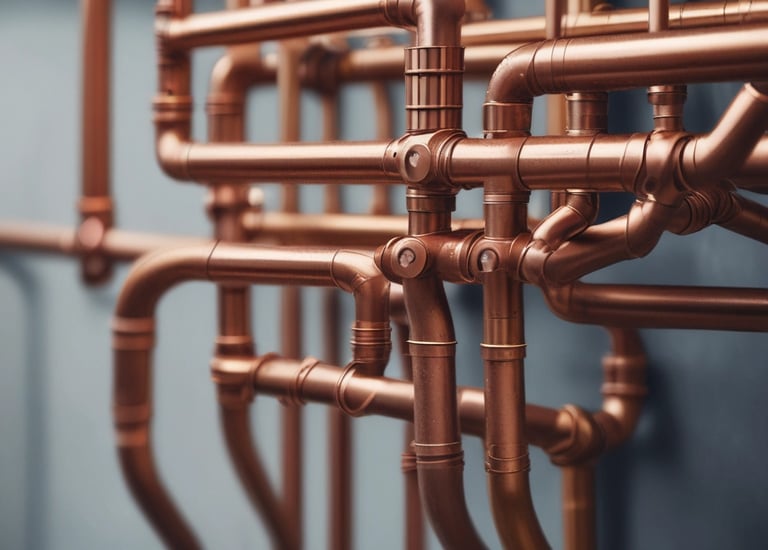 A white air conditioning unit is placed outside against a wall which is partially in shadow. Some branches with leaves are visible emerging from behind the wall. The background features a modern facade with vertical piping and a wire mesh design.