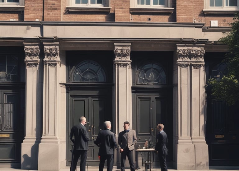 An air conditioning unit is mounted on the exterior wall of a building. Above it, a telecommunications tower reaches into the sky, surrounded by fluffy white clouds under a bright blue sky. The structure of the building is made of light-colored concrete and the air conditioning unit is metallic with visible fans and grills.