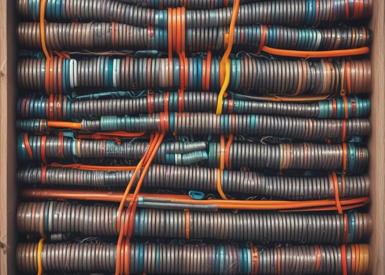 A building facade featuring several windows and multiple air conditioning units mounted on the walls. The walls are beige and slightly weathered, with visible pipes running vertically and horizontally. There are small external lamps and some foliage visible at the bottom.