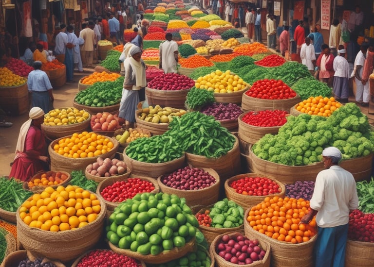 A well-organized produce section within a grocery store featuring a wide variety of fresh fruits and vegetables. The display includes items like oranges, bananas, lemons, and an array of leafy greens. The section is labeled 'Organic' and the signage emphasizes nutrition. The lighting is bright and the overall setup is clean and orderly.
